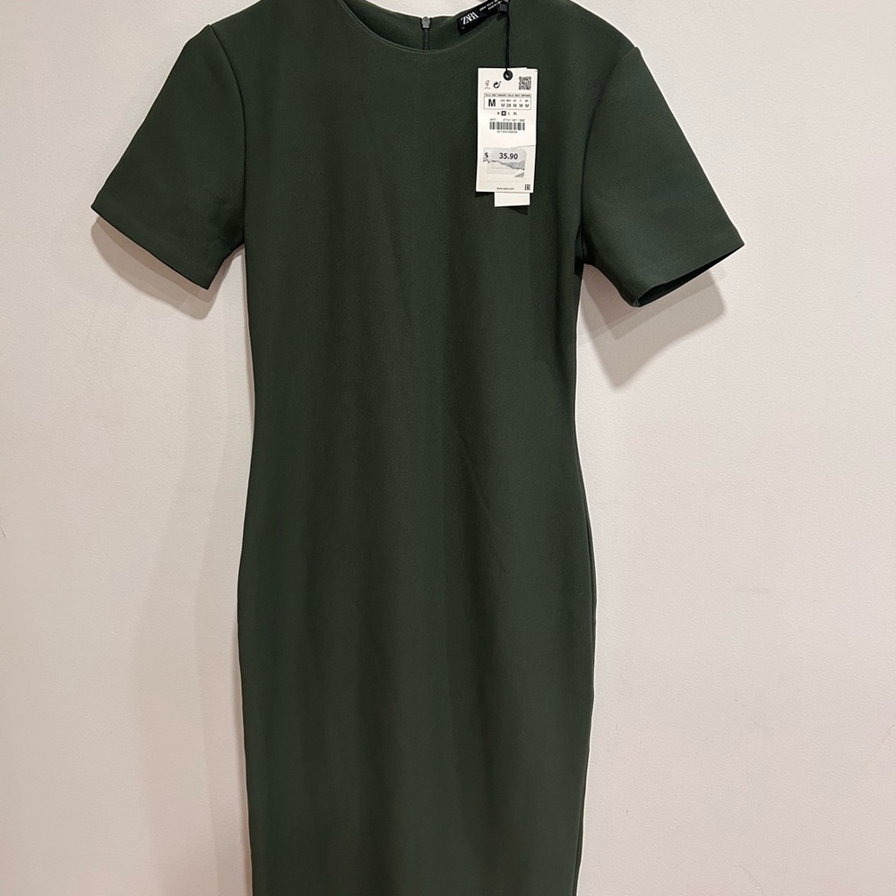 Zara Green Midi Sheath Dress with Short Sleeves for Work